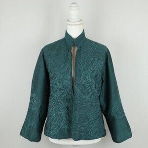 Anu Women's Large Blue Green Raw Silk Lined Embroidered Open Front Jacket